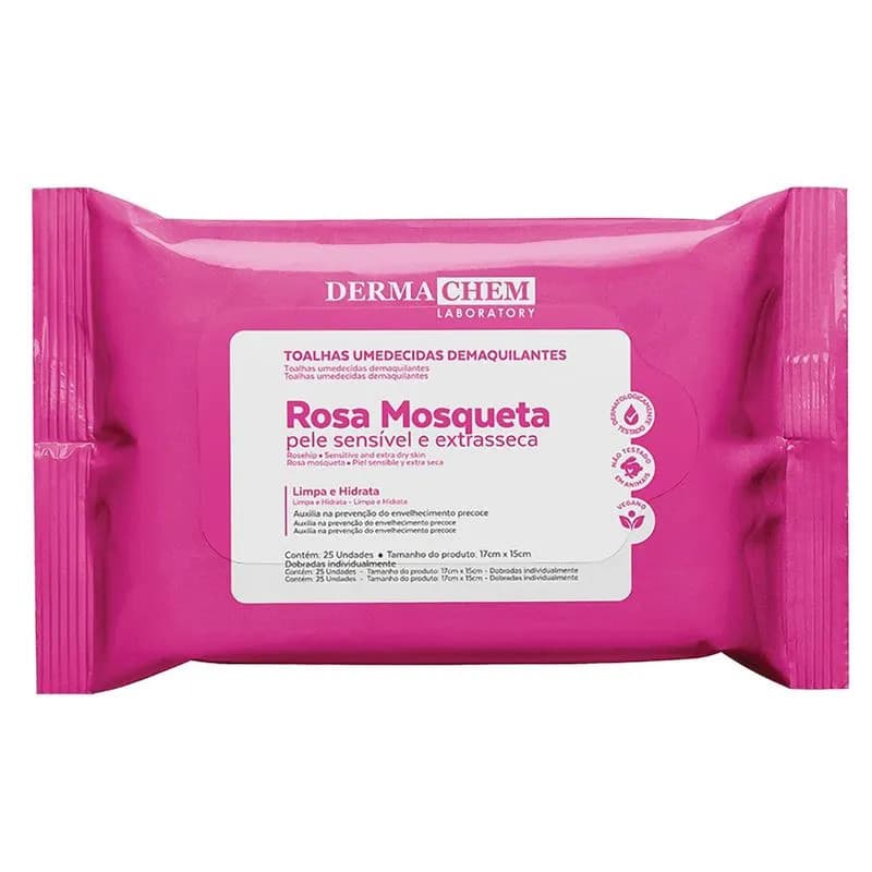 Toalhas Umedecidas Demaquilante Dermachem de Rosa Mosqueta com 25 Unidades