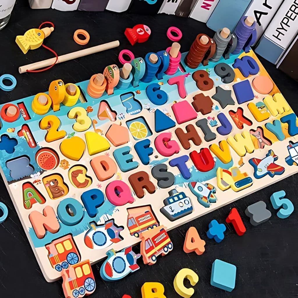 Tabuleiro Montessori Atividades Pescaria Encaixe Numeros Letras Brinquedo Educativo Infantil 6 em 1