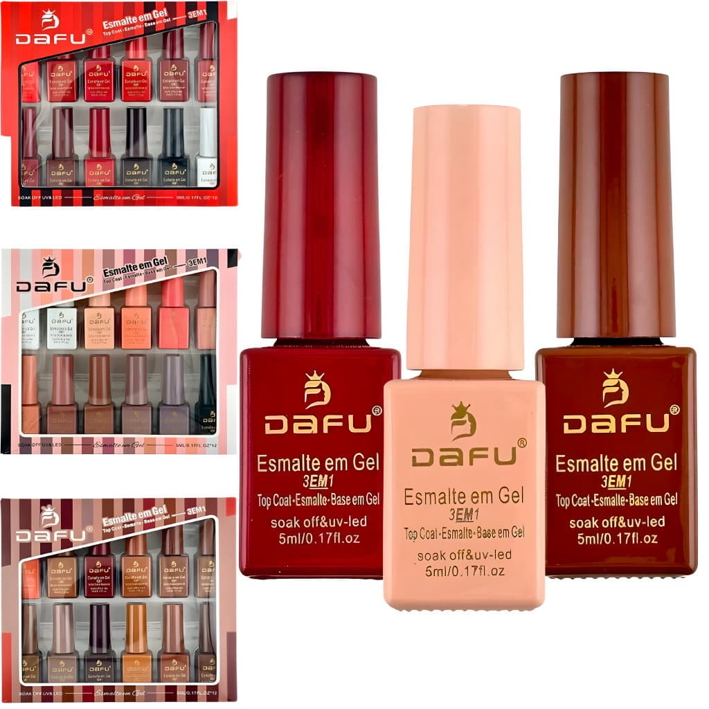 Kit 12 Esmalte em Gel 3em1 Dafu 5ml Top Coat + Base em Gel + Esmalte em Gel - Dafu