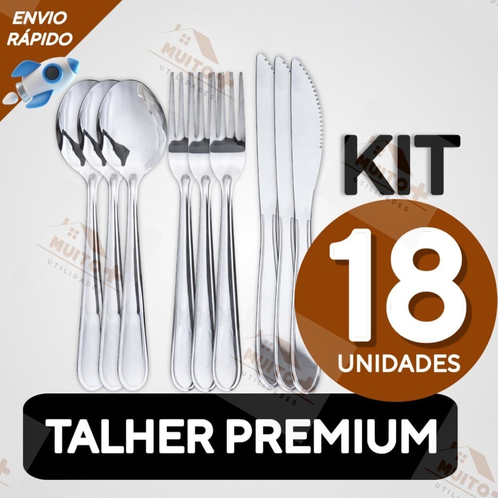 Jogo de Talheres 18 Peças Aço Inox 100% Garfo Faca e Colher de Mesa Utensilio de Cozinha Talher