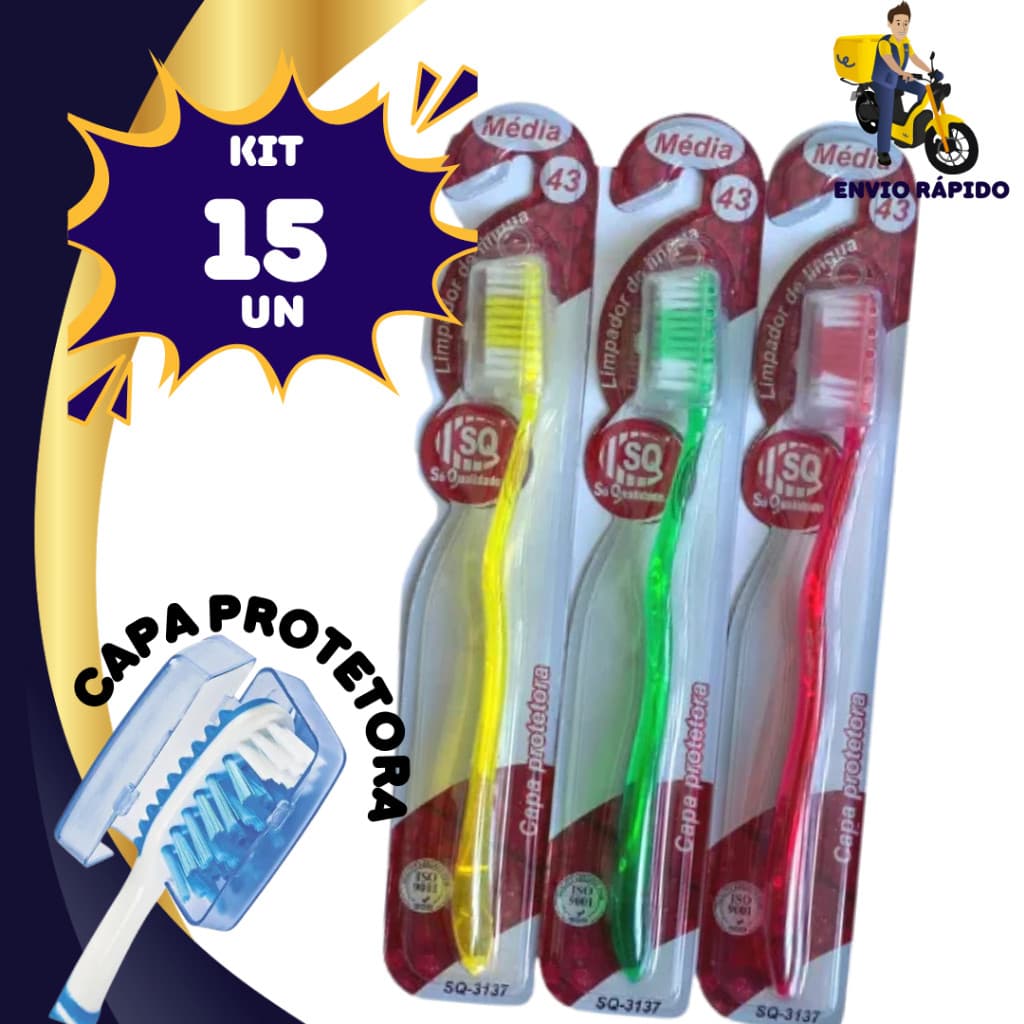 Kit 15 Escova de Dentes MédiaLimpador de Língua e Capa Protetora Cristal Envio de Cores Variadas