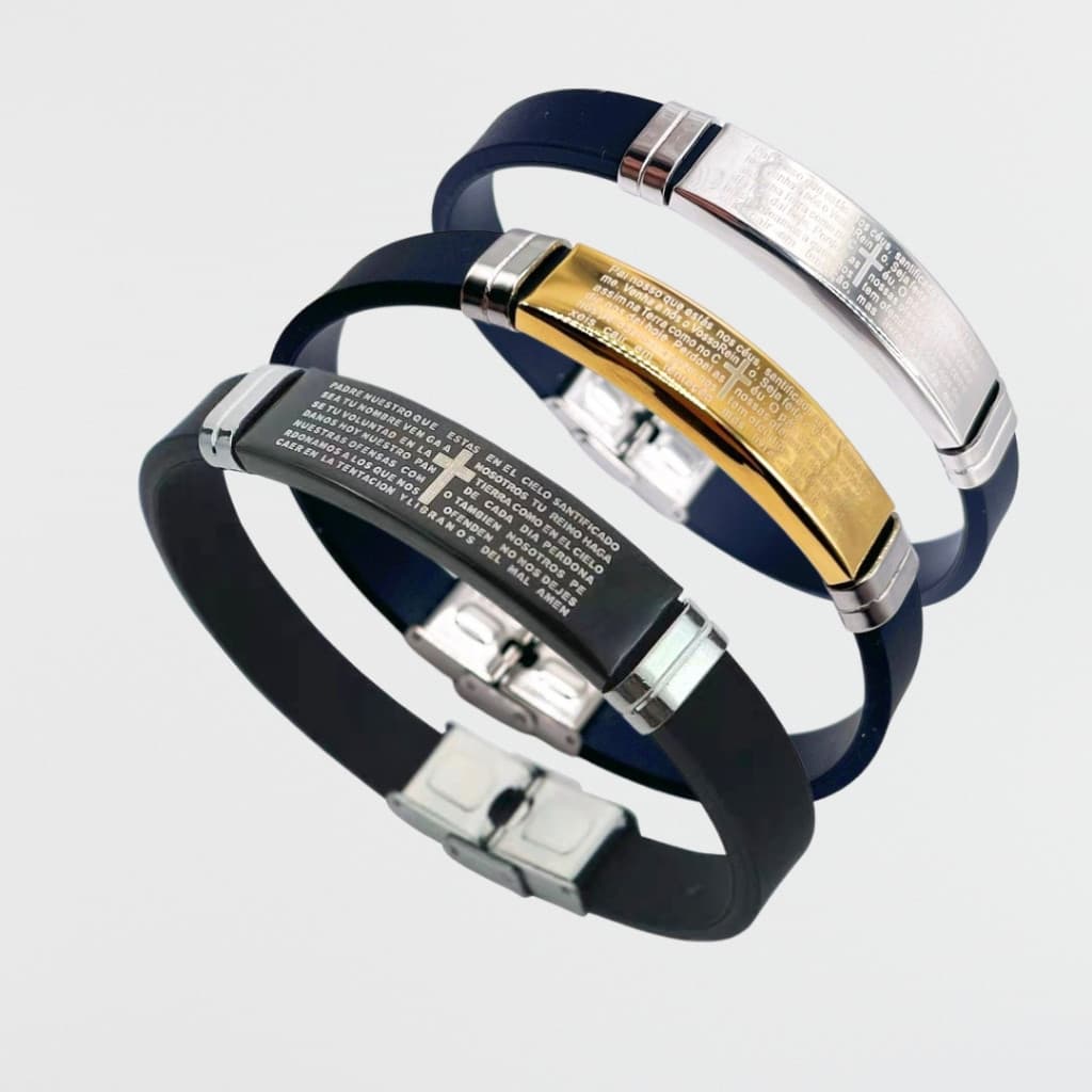 Kit 3 Pulseira Masculino Feminina Bracelete SILICONE COM PLACA Folheado Pai Nosso Proteção Promoção