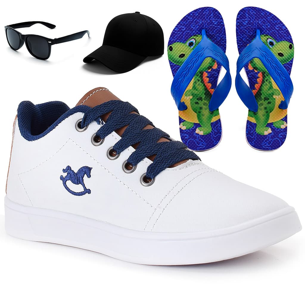 Kit Tênis Infantil Menino Casual Branco + Boné + Chinelo + Óculos