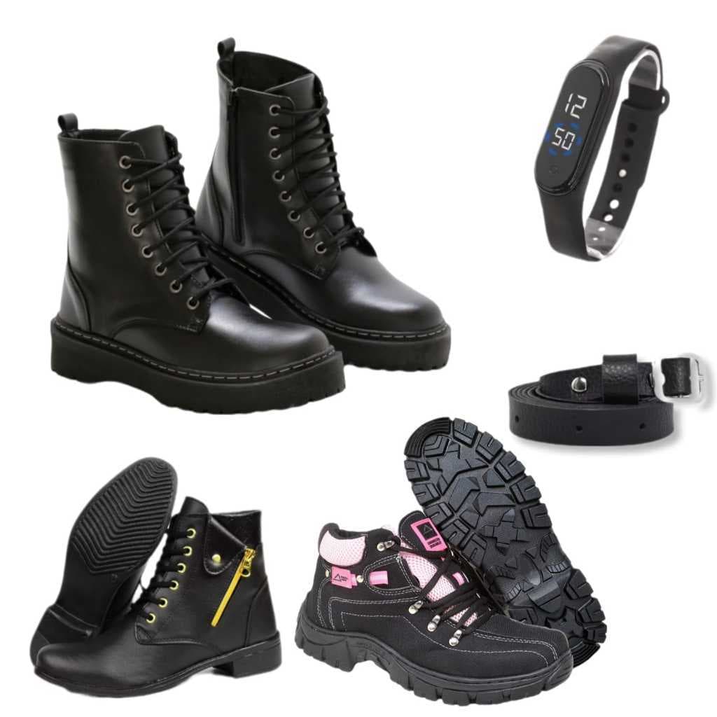 Kit Coturno Feminino no Sintético + Bota Coturno Adventure + Bota Cano Baixo Zíper fake + Relógio +Digital + Cinto