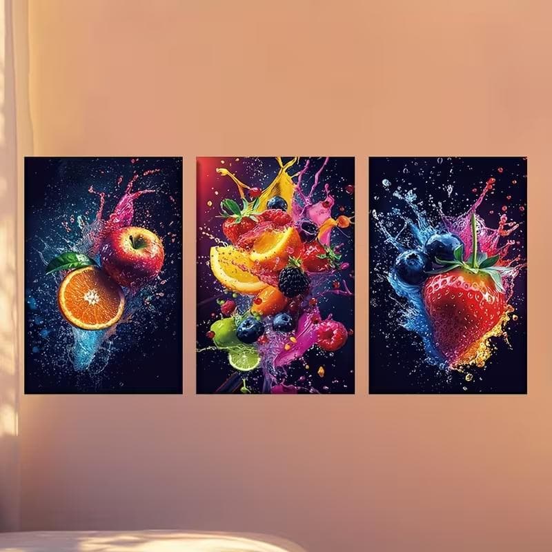 Quadro Decorativo Frutas Explosão de Cores e Água Kit 3 Peças