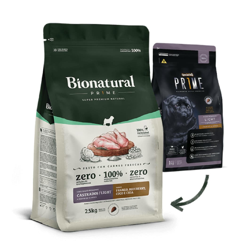 Ração Cães Bionatural Prime Light 2,5kg Castrado Controle Peso Sabor Frango BlueBerry Coco e Chia