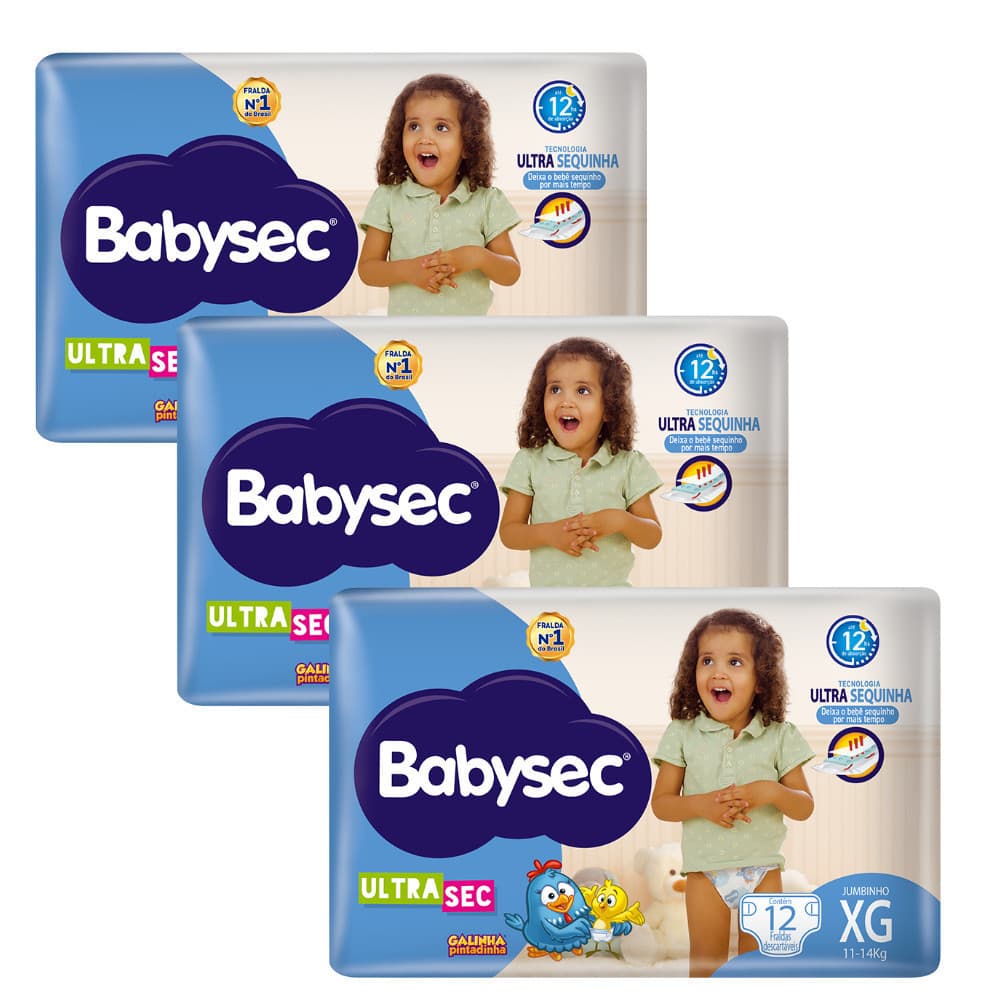 Kit 3x Fralda Babysec UltraSec Jumbinho XG Galinha Pintadinha 12unidades cada - Bebê sequinho por mais tempo