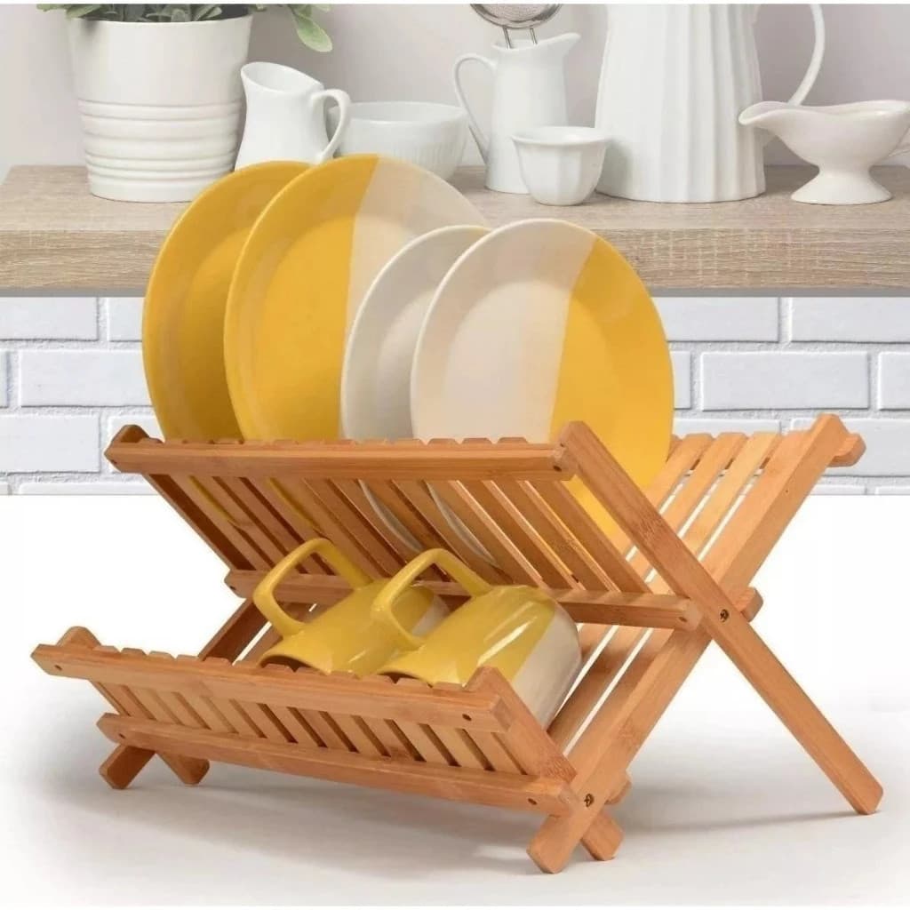 Escorredor Louça Dobrável Bambu Rack Pratos Copos Taças Porta Talheres Colher Suporte Bancada
