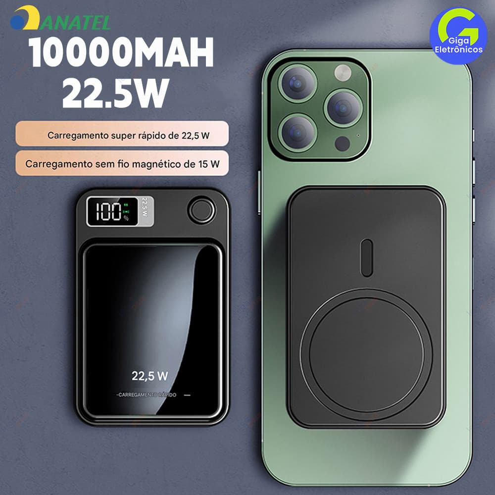 Bateria Portátil 10000mAh com Carregamento por Indução MagSafe e Tela LED, Compatível com iPhone e Android