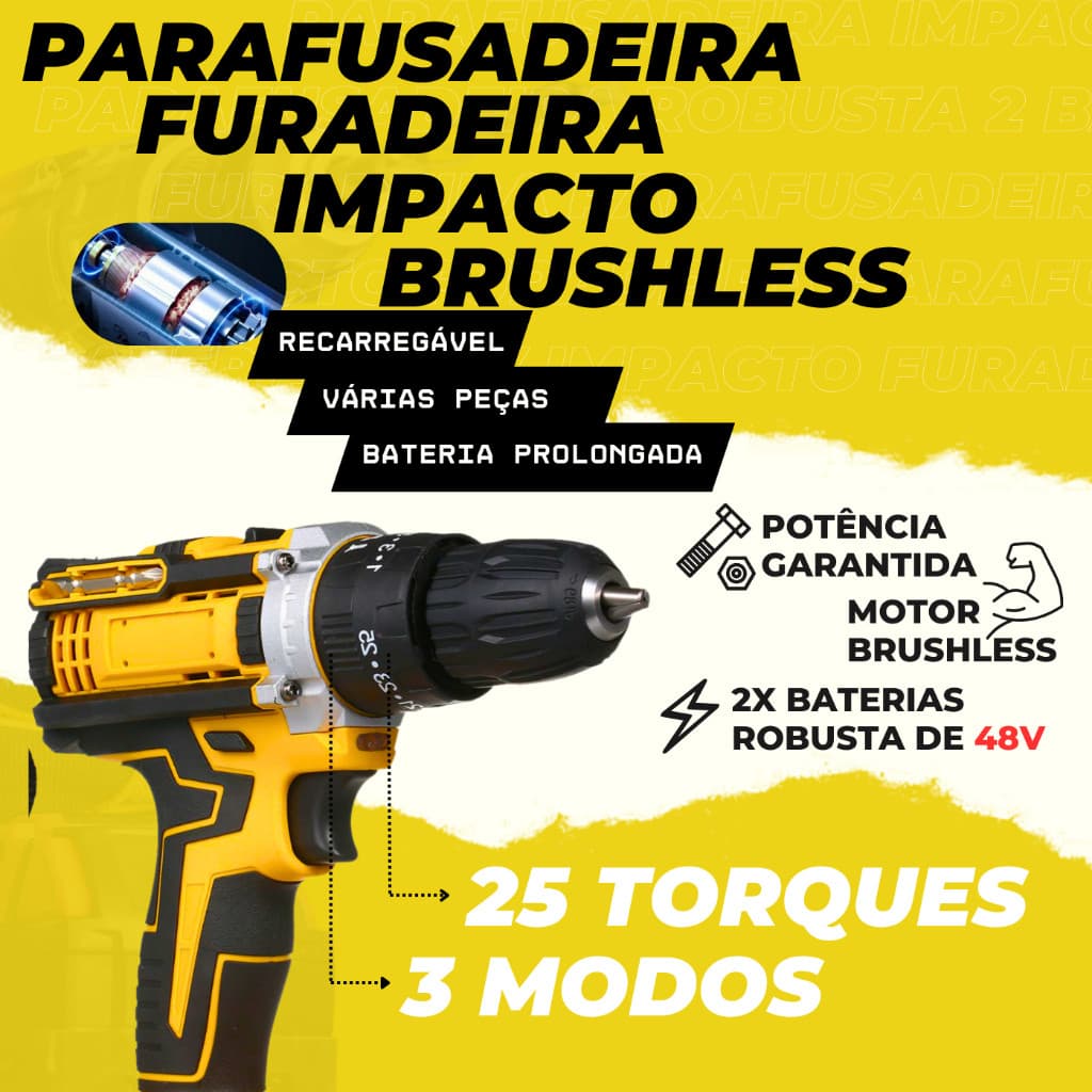 Furadeira De Impacto Sem Fio Potente Parafusadeira Furadeira Bivolt Mandril Aperto Rapido Ferramenta Profissional