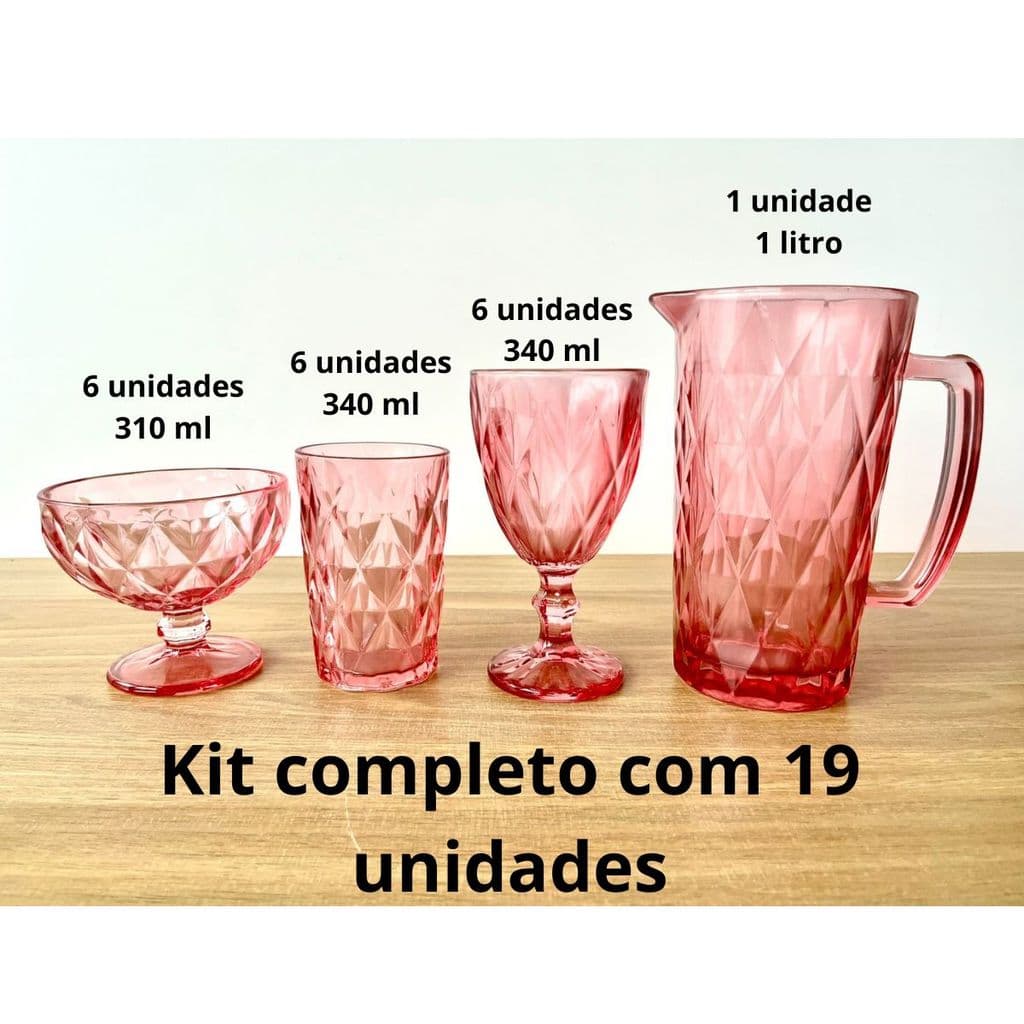 Kit Copos e Taças Diamond KeHome Rosa Vidro – 19 Peças Luxo | Jarra 1L + Taças Sobremesa | Conjunto Completo Elegante