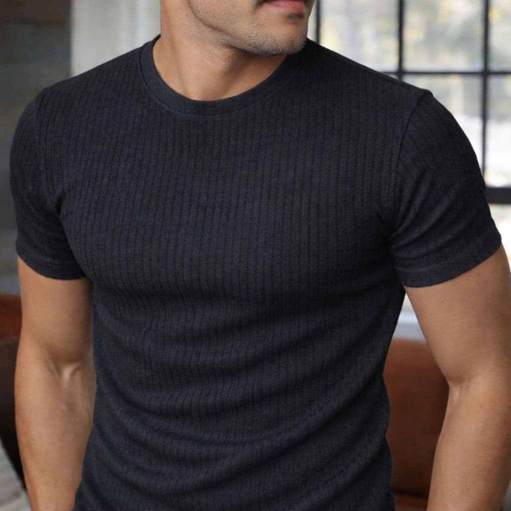 Camiseta Masculina Texturizada Camisa Gola Media Tecido Canelado