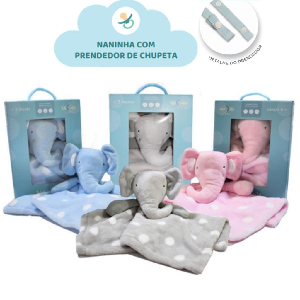 Naninha Bebê com Prendedor de Chupeta - Safari Elefante - 36 x 36 cm - Conforto para seu bebê