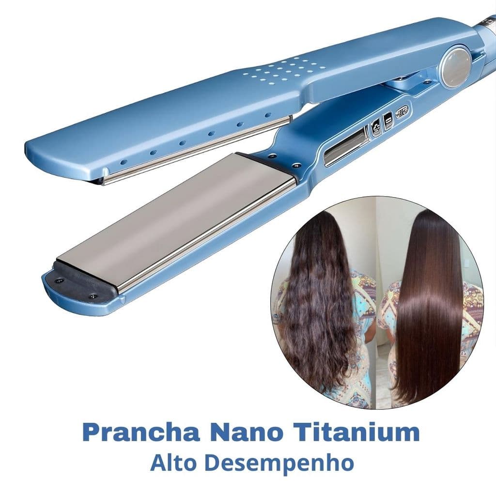 Prancha Chapinha Íon Alisadora de Cabelos Profissional Nano Titanium Bivolt Azul até 450ºF 232ºC