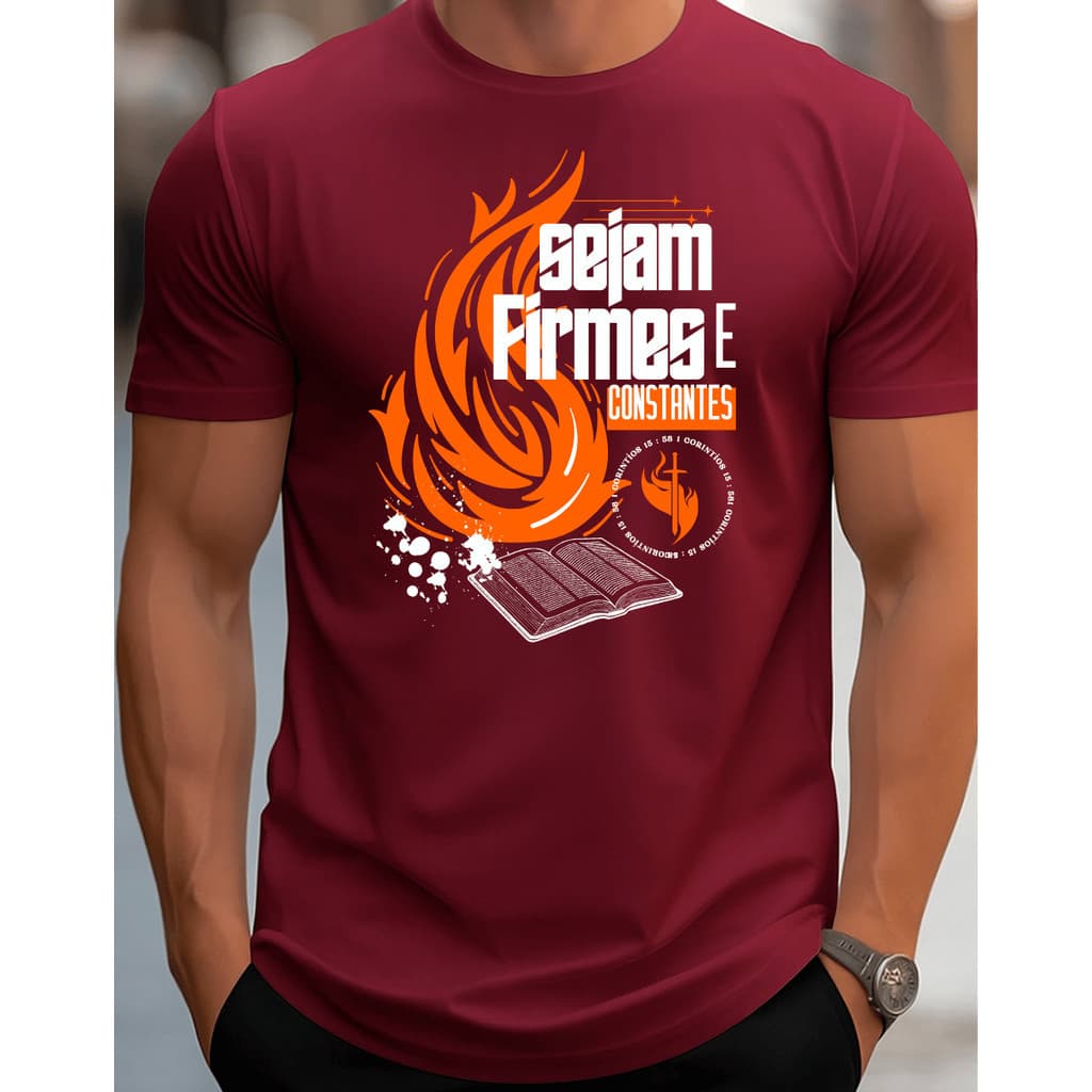 Camiseta Masculina Gospel Sejam Firmes e Constantes Estampada no Peito Cristã Casual Moderna