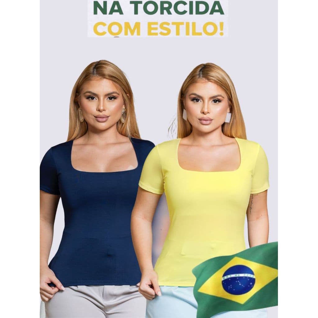 Kit 2 Blusas Basica Decote Quadrado Copa do Mundo Brasil 2026 Verão