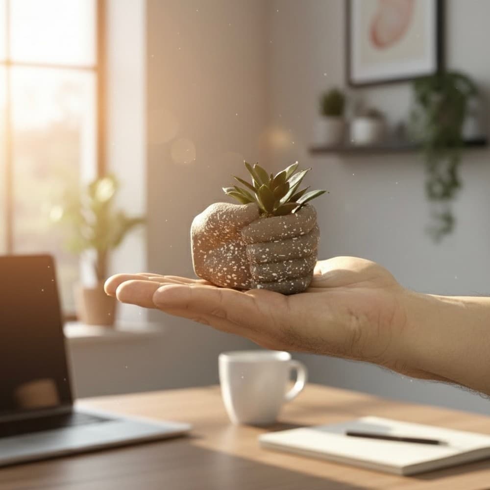 Cachepot Formato Mão Fechada Minimalista Com Planta Artificial Luxo