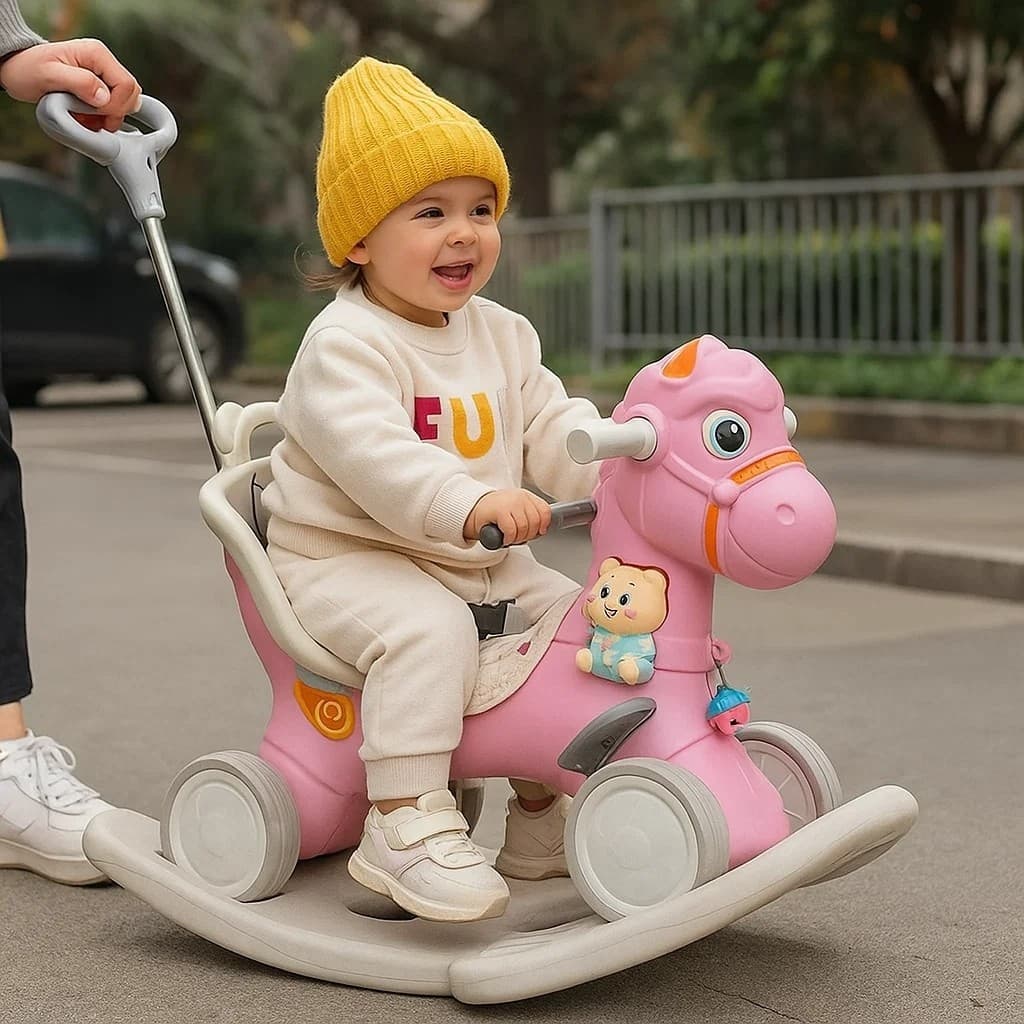 Cavalinho de Passeio e Balanço com Empurrador Brincadeiras Rosa Brinquedo Infantil Crianças