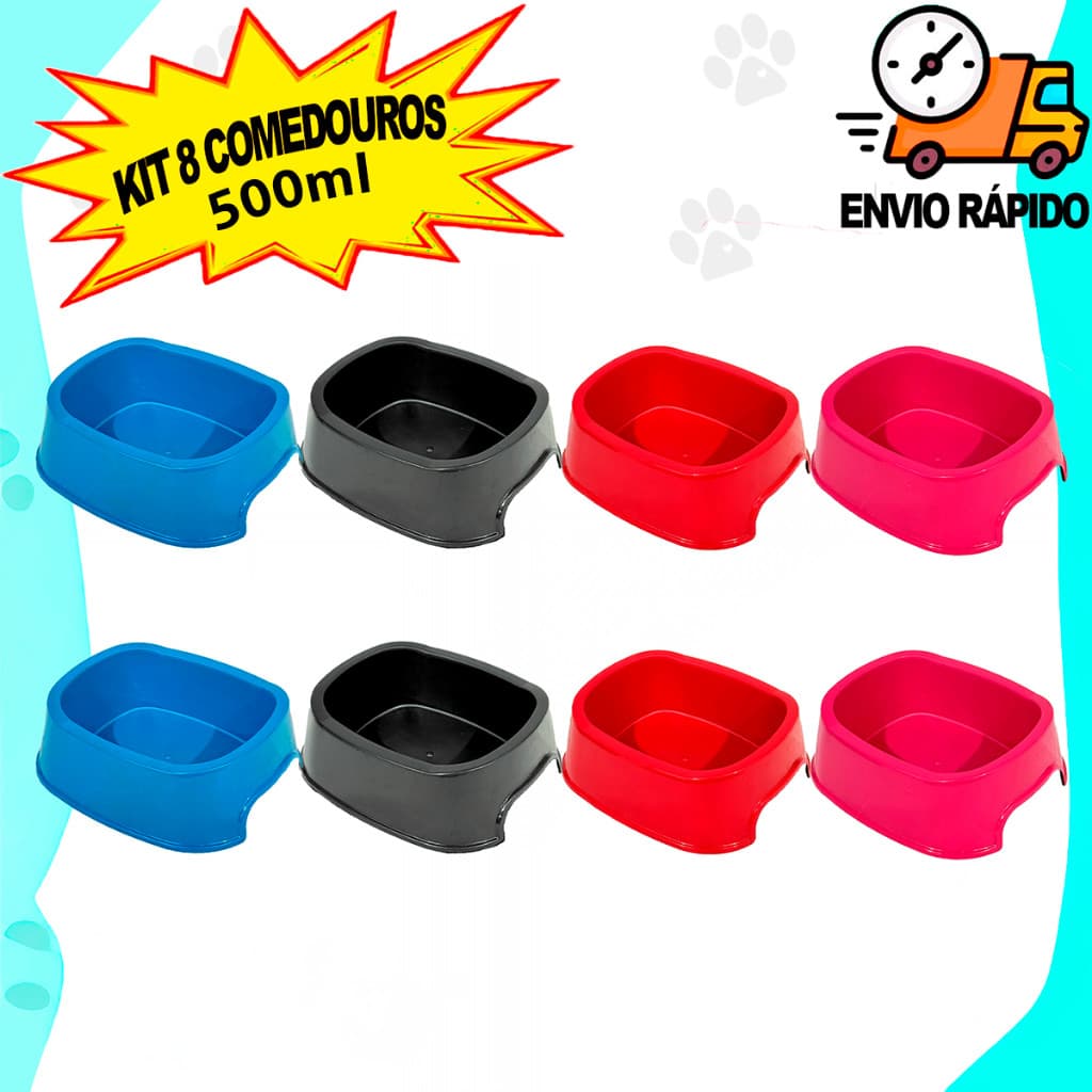 Kit 8 Comedouros Bebedouro Pote de Ração e Água Pequeno Para Cachorro e Gato 500ML