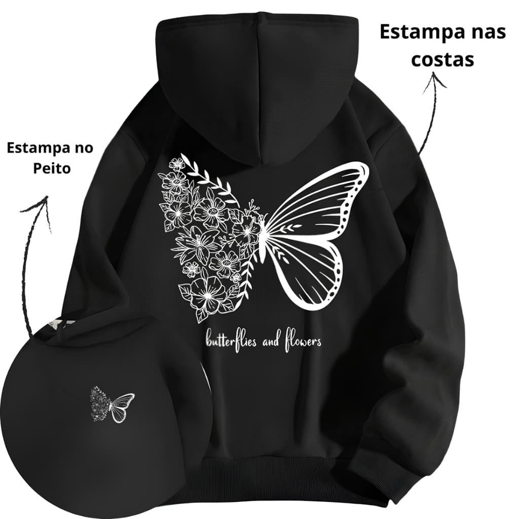 Moletom Inverno Canguru Capuz Flanelado Estampa Unissex Look Casual Estilo Urbano Algodão Borboleta