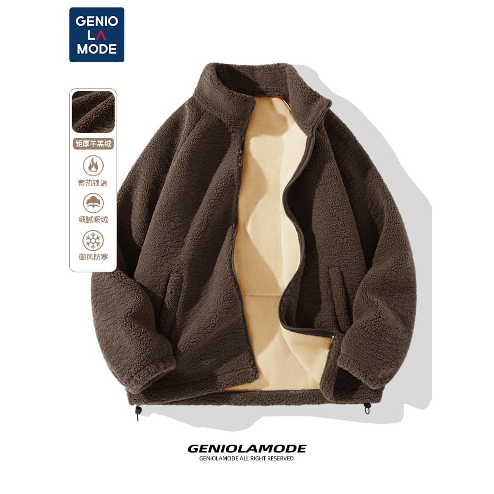 GENIOLAMODE Jaqueta de lã de cordeiro masculina inverno americana retrô forro de lã lã pura lã de cordeiro cor café gola