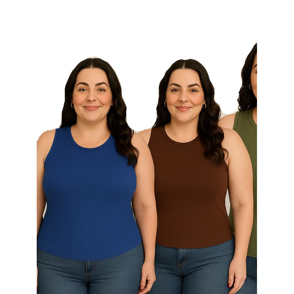Kit 2 peças Blusas Regatas Feminina Plus Size Gola Redonda Cavada em Ribana Toque Suave moderna De Alta Qualidade