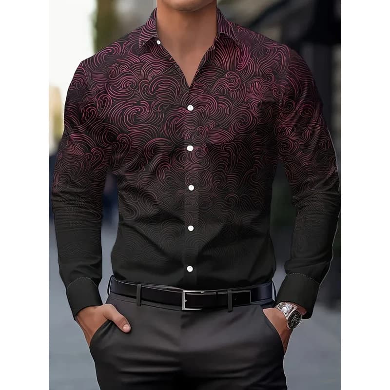 Camisa Masculina de Manga Longa com Estampa Floral Azul Escuro 2026, Casual, Slim Fit, Estilo Streetwear, Camisa Estampa