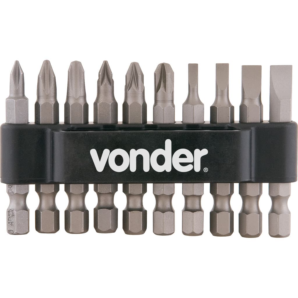 Jogo 10 Bits Ponteiras Encaixe 1/4" Aço CrV Vonder PH Fenda PZ com Adaptador Profissional