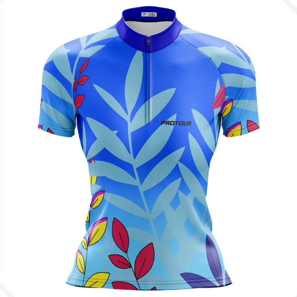 Camisa Ciclismo Feminina Dry Fit com Proteção UV Bike MTB Speed Pro Tour Folhas Azul