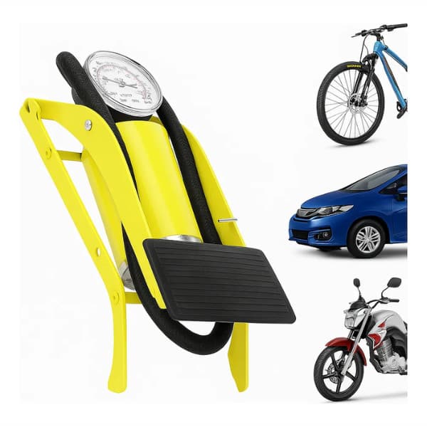 Bomba de Ar Pedal Portátil para Enchimento Prático sem Energia Elétrica Wassay com Manômetro para Bicicletas