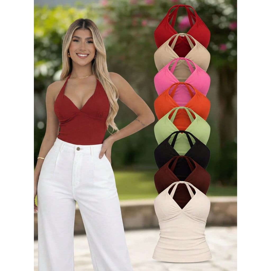 Kit 5 Top Canelado Feminino da Moda com Decote V e Pescoço Halter, e Design Vazado em Cor Sólida Sortida