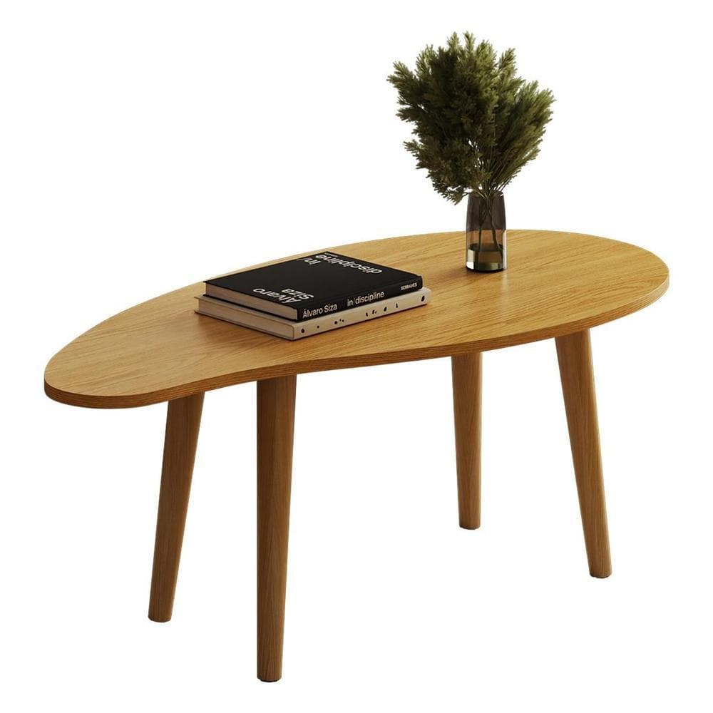 Mesa de Centro Oval para Sala com Tampo MDF e Pés em Madeira Design Moderno Compacta Decorativa