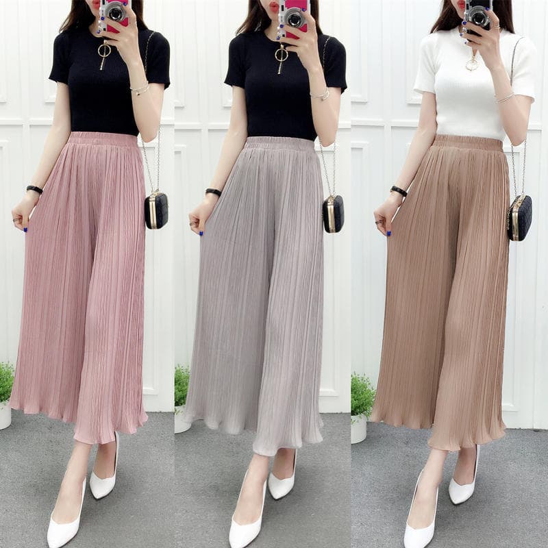 All-Match Chiffon calças de perna larga feminina versão coreana oito pontos plissado Culottes primavera verão cintura al