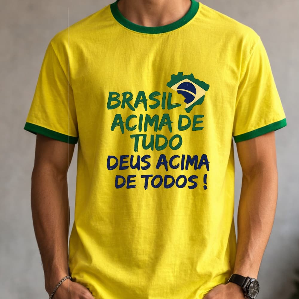 Camiseta Estampada Premium Brasil Acima de Tudo Frase Casual 100% Algodao