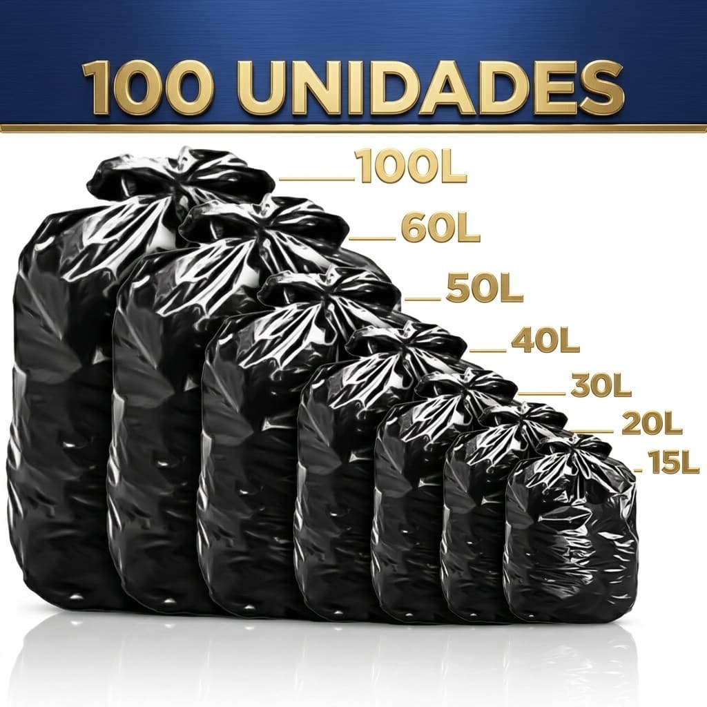 Saco de Lixo 100 unidades Resistentes - Tamanhos 15L - 20L - 30L - 40L - 50L - 60L e 100L