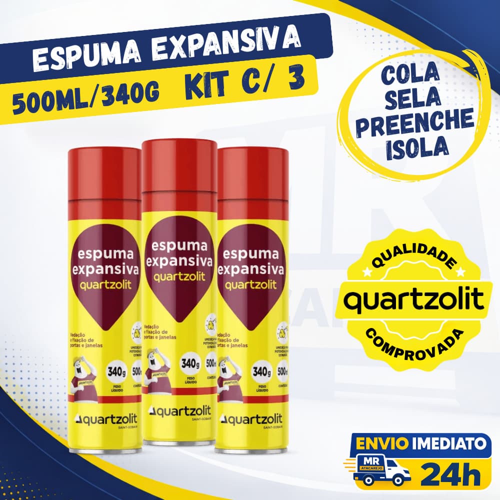 kit 3 Espuma Expansiva 500ml 340g Quartzolit Selante Construção Reparos Isolante
