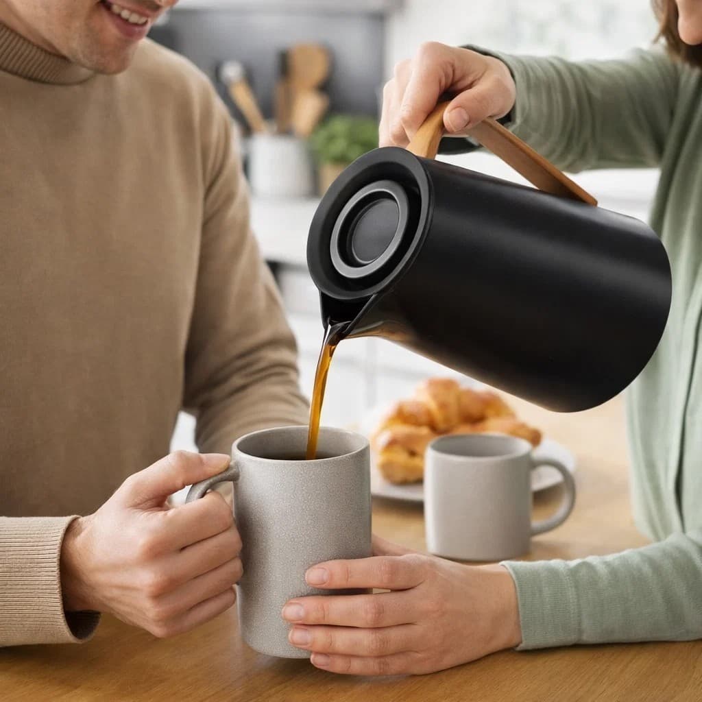 Garrafa Térmica Kyoto 1 Litro Preta Isolamento Térmico Café Chá Tampa Rosca Alça Viagem Escritório