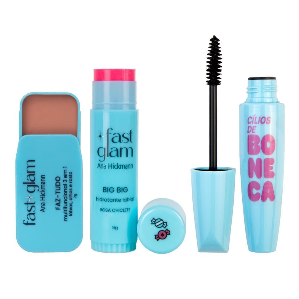 Kit Hidratante Labial Big Big + Faz Tudo 3 em 1 + Mascara Cílios de Boneca Fast Glam Ana Hickmann