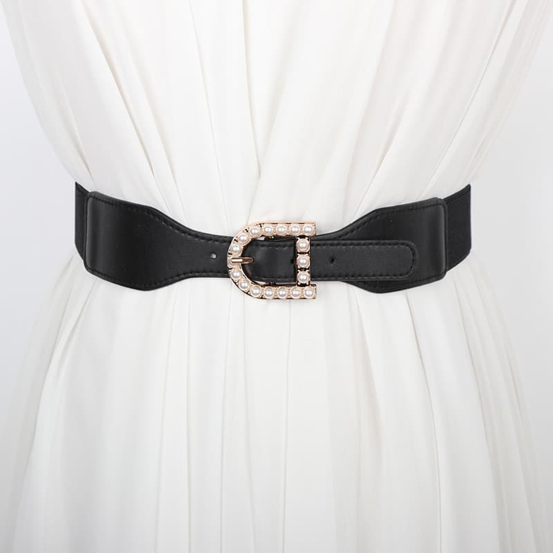 Cinto preto fino pérola incrustado vestido decorativo camisa casaco cinto cintura D carta All-Match acessórios