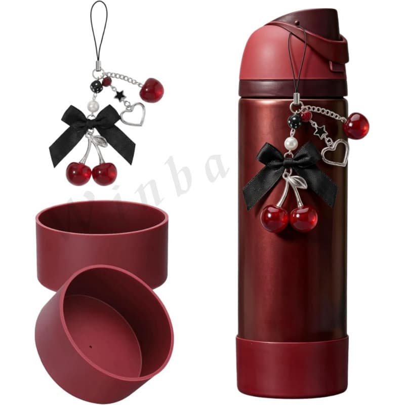 Charme Cereja Preta E 2 Peças De Bota De Silicone Compatível Com Garrafas Owala De 20/24/30/32/40 Onças , Conjunto De Ac