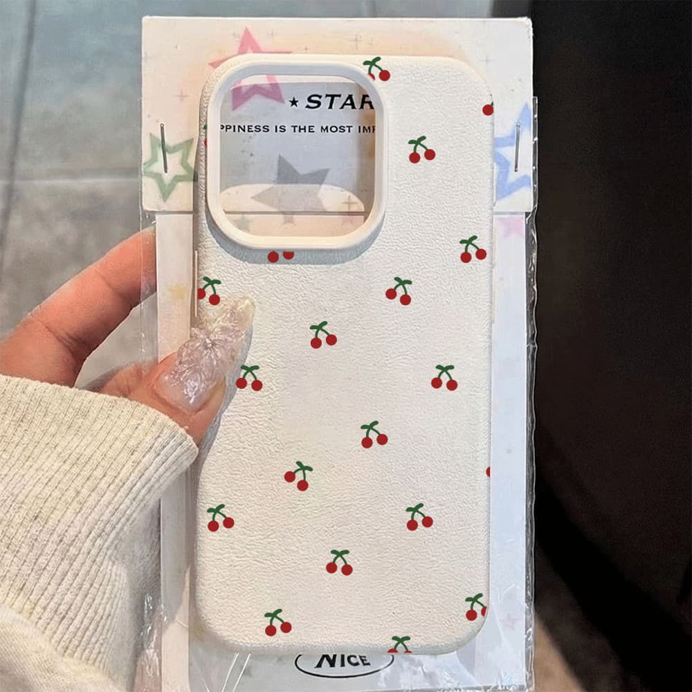 Capinha Capa Dura Para IPhone 13 11 12 16 15 14 17 Normal Plus Pro Max Couro Falso Rosa Vermelho Cereja Caso De Telefone