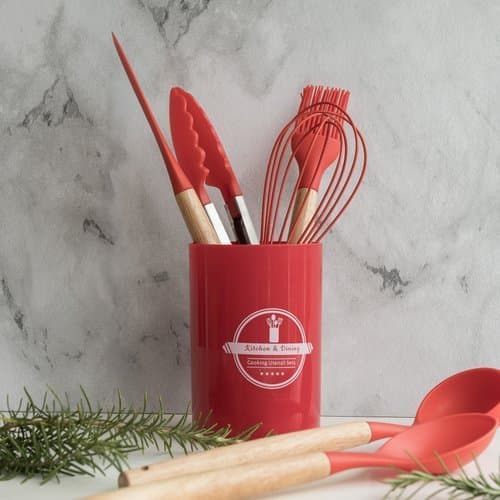 Conjunto Utensilios Silicone Vermelho 7 Pecas Cabo Madeira Resistente Calor Cozinha