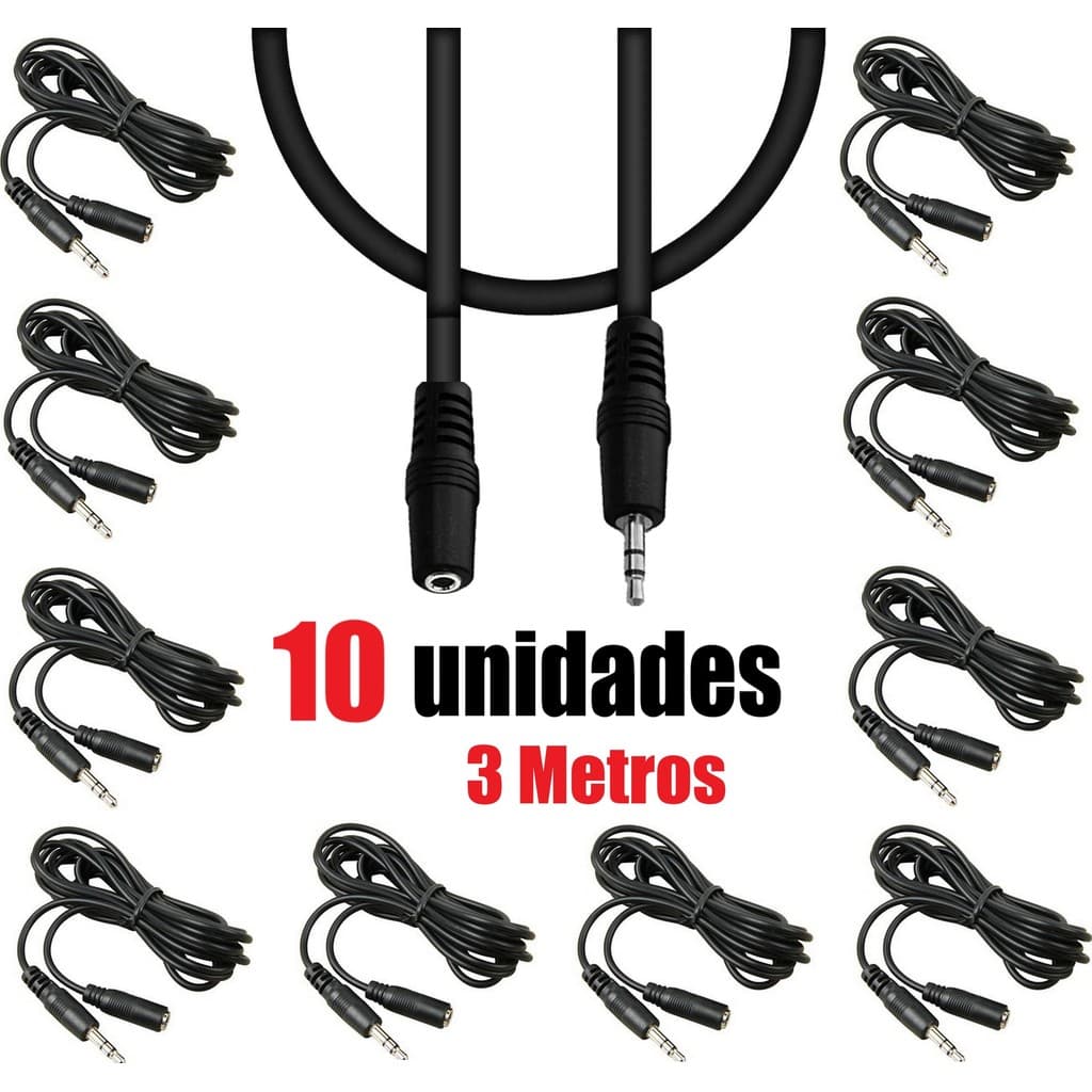 Kit 10 Cabo Extensor P2 Áudio Fone de Ouvido Microfone Headset Macho Femea Universal Extensão Atacado RS
