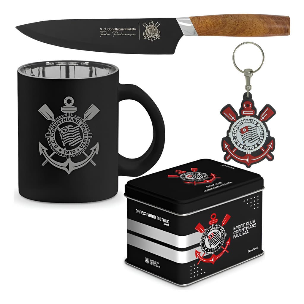 Kit Corinthians Caneca Vidro Caixa Organizadora Faca Timão