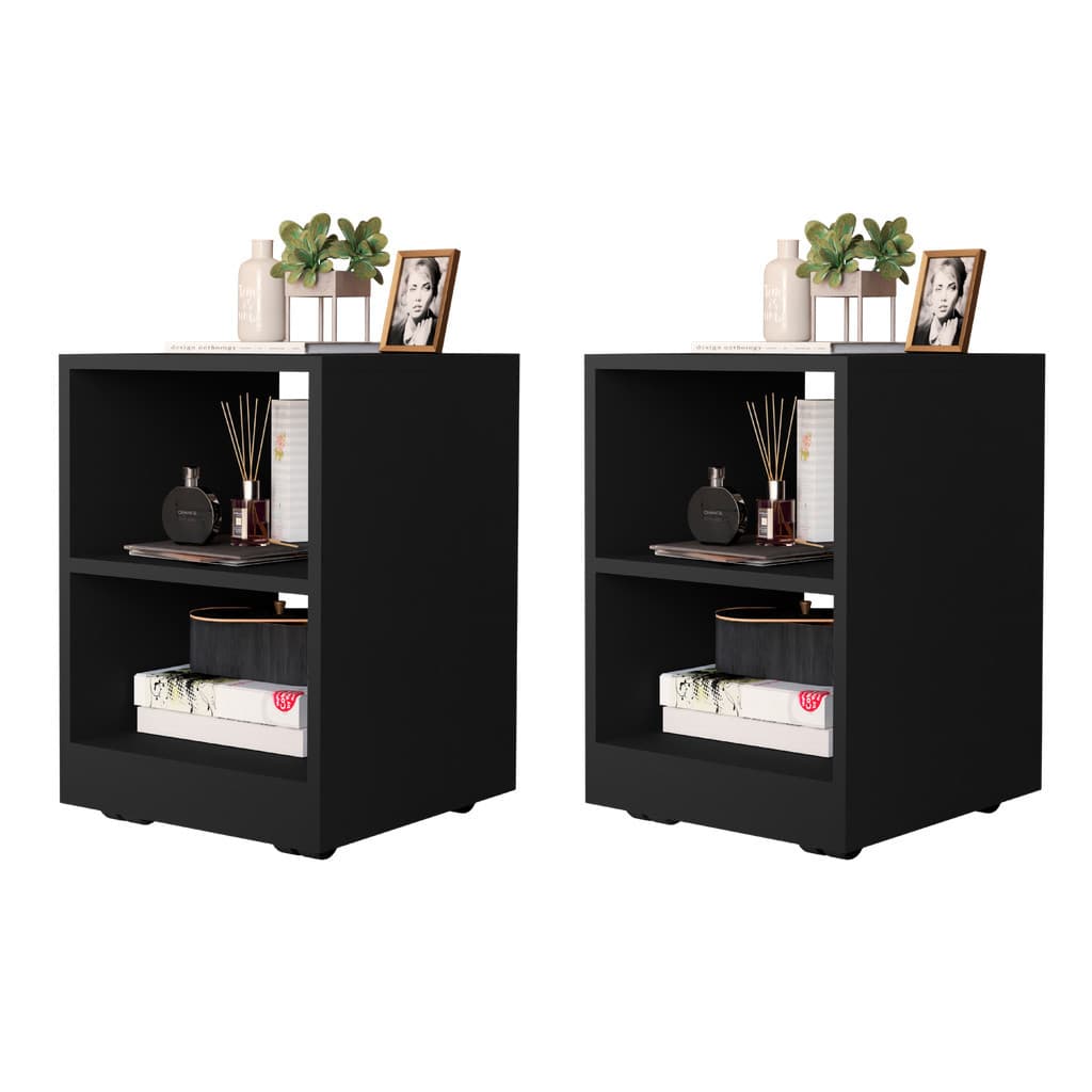 Mesa de Cabecera Kit 2 Unidades 2 Nichos Rodizios Preto Criado Quarto