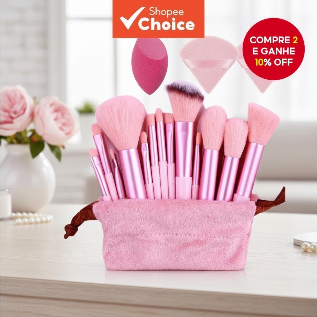 13 peças Conjunto de Pincéis de Maquiagem Rosa com 2 Puffs Triangulares e 1 Esponja de Beleza Magenta - Kit