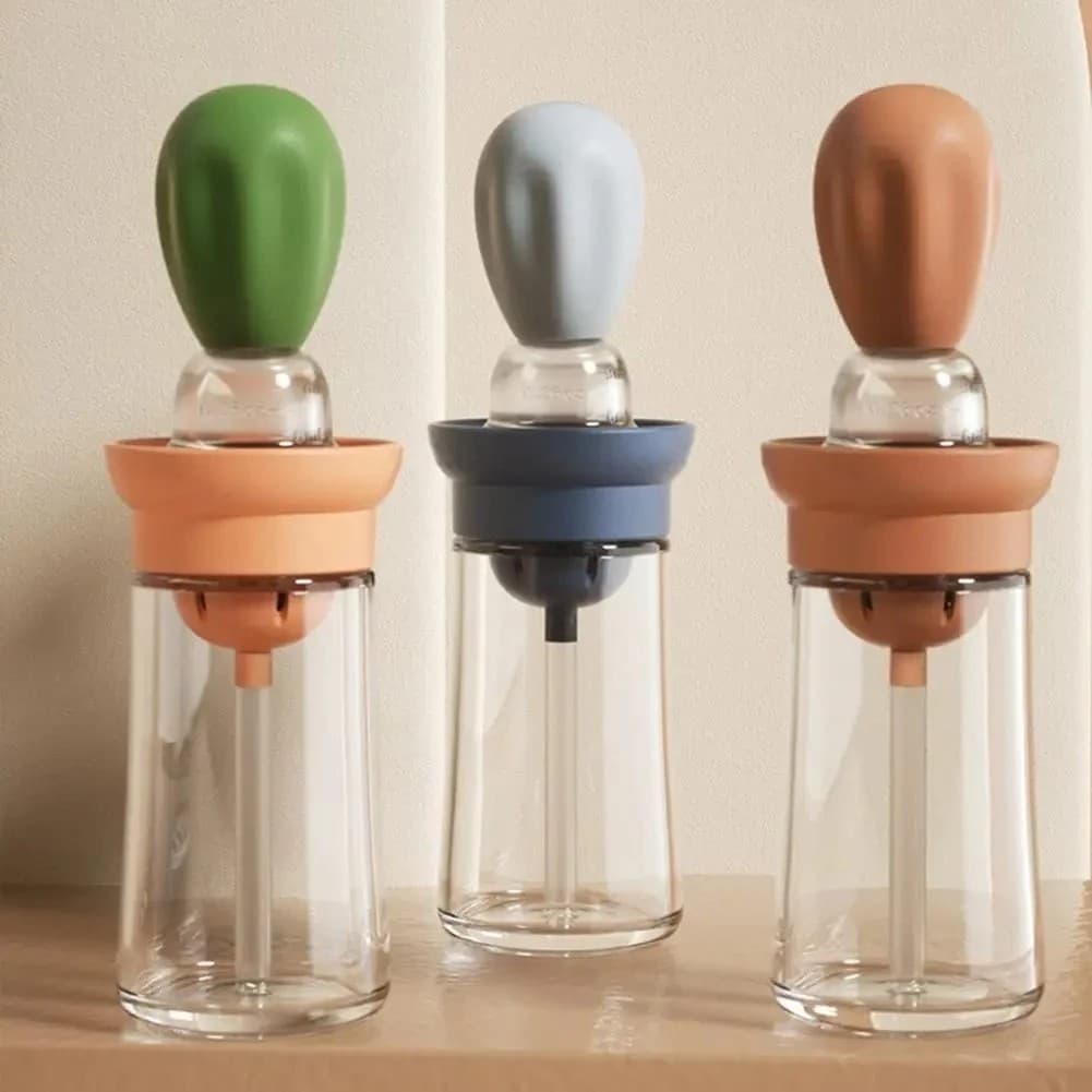 Porta Óleo Azeite Vinagre com Pincel Silicone Integrado Dispenser Culinário Garrafa Dosadora