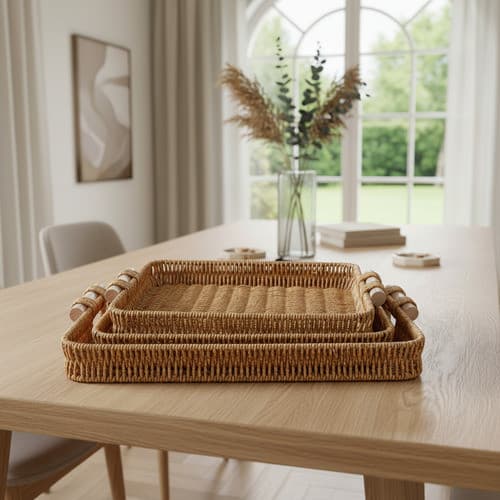 Kit 3 Bandeja Rattan Plastico Pp Retangular Pmg Alça Madeira Ocre