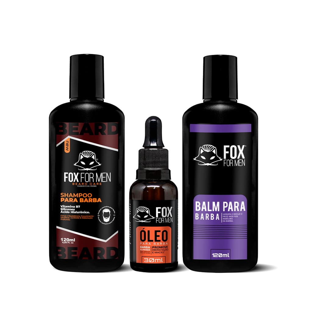 SHAMPOO PARA BARBA + ÓLEO EM GOTAS + BALM - FOX FOR MEN