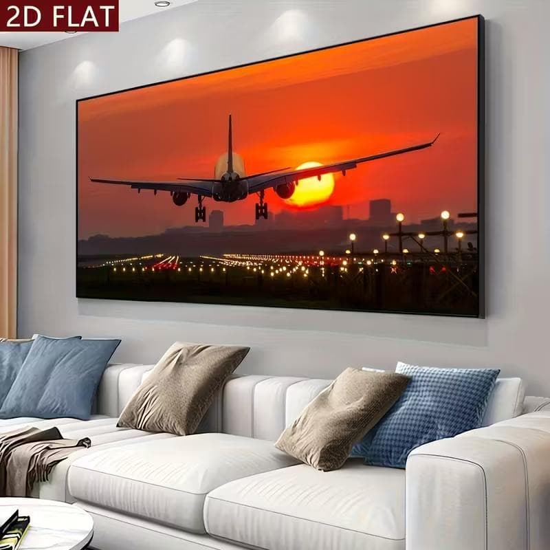 Quadro Decorativo Avião Pousando no Horizonte ao Pôr do Sol